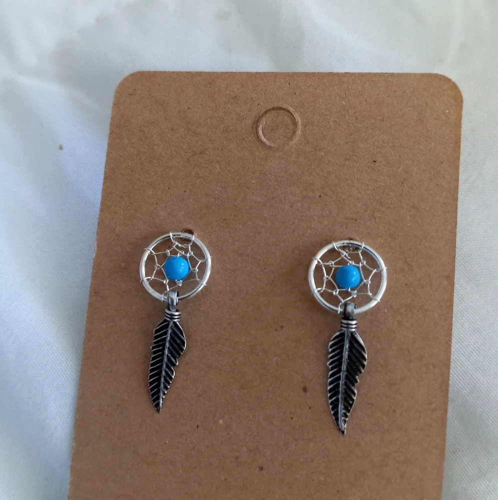 New Sterling Silver Turquoise gemstone dream catcher stud post back earrings